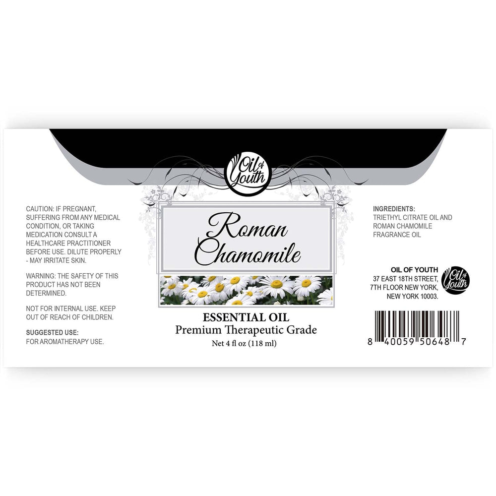 Close-up of Oil of Youth Roman Chamomile essential oil label