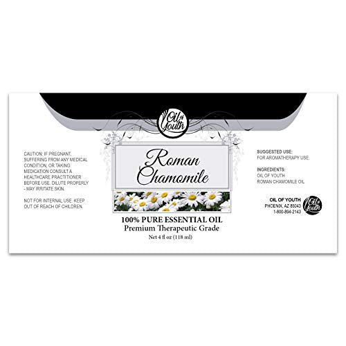 Packaging image showing a 4oz bottle of chamomile essential oil