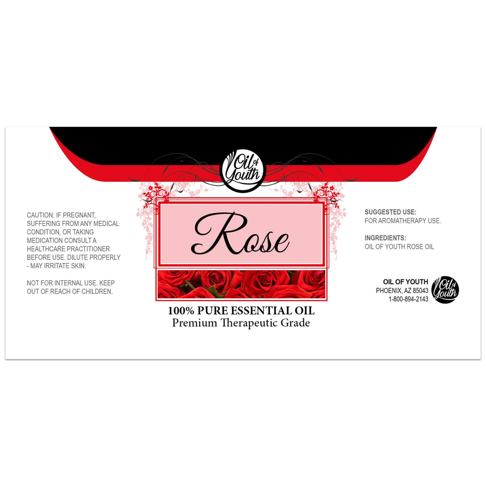 Rose essential oil bottle with label, 8oz