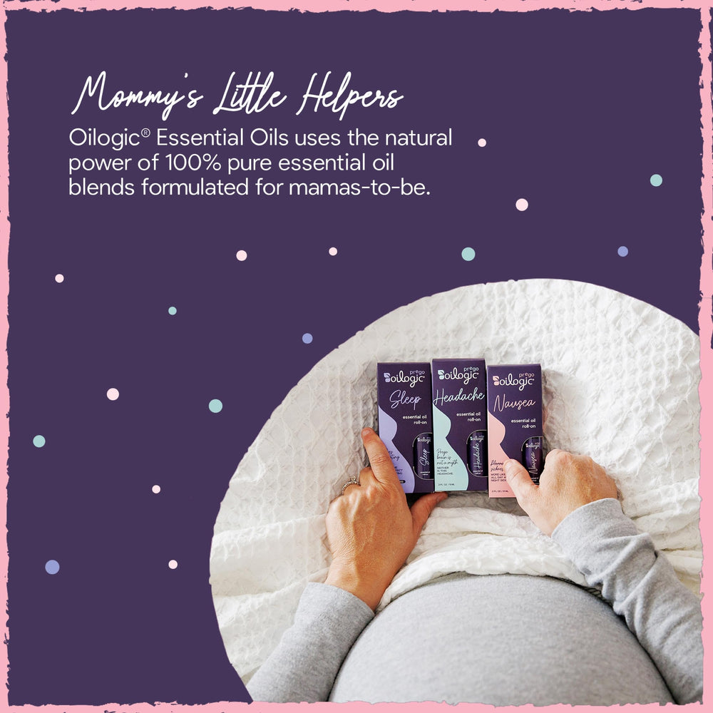 Pregnant mom applying Oilogic Prego Roll-On