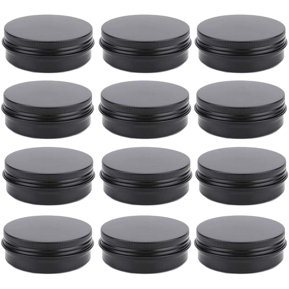 OJYUDD 12-pack aluminum tin jars neatly organized for travel, samples, and cosmetics.