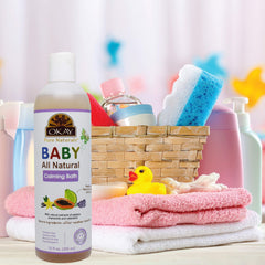 Bottle showing easy rinse formula for Okay Baby Calming Bath