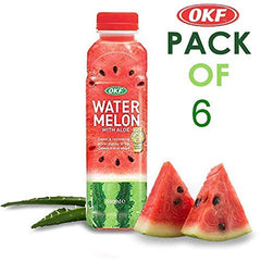 Six-pack display of OKF Watermelon Aloe Vera Drink bottles