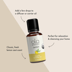 Ola Botanicals lemon oil bottle shown in cleaning blend setup for deodorizing tasks.