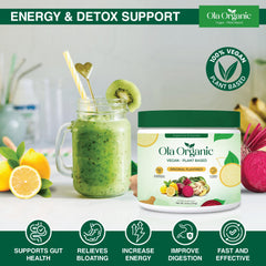 Close-up of Ola Organic Greens 270g jar label