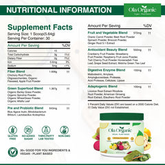 Close-up of ingredients panel for Ola Organic Greens showing 11 cruciferous vegetables