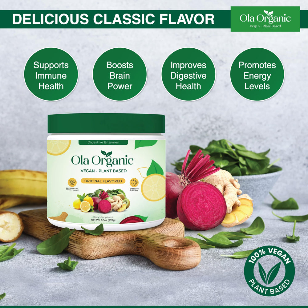 Ola Organic Greens powder being added to a smoothie