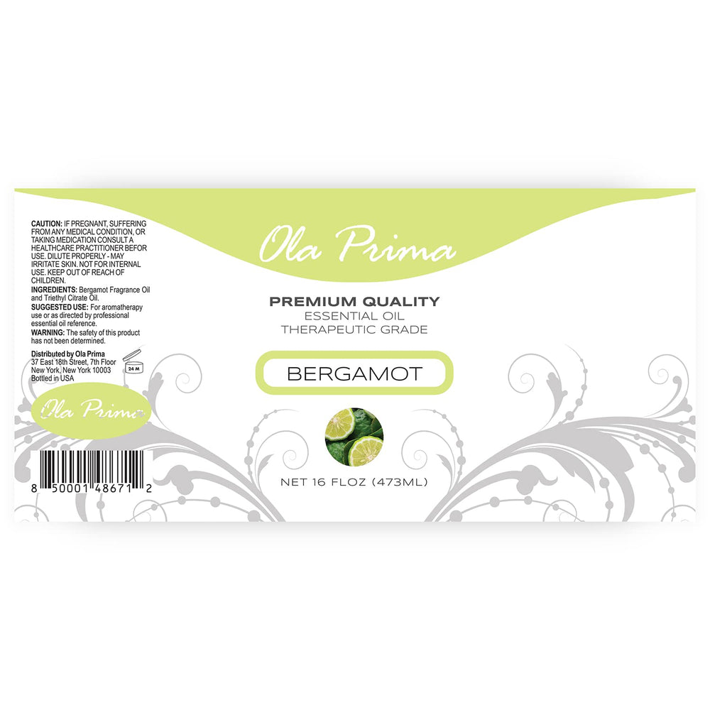 Close-up of Ola Prima Bergamot essential oil 16oz bottle