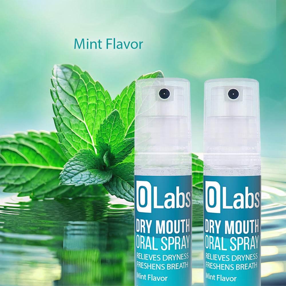 Close-up of Olabs Dry Mouth Spray mint flavor bottle