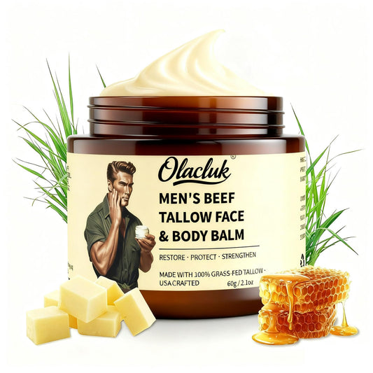 OLACLUK Beef Tallow Honey Balm jar closeup showing natural ingredients for radiant skin.