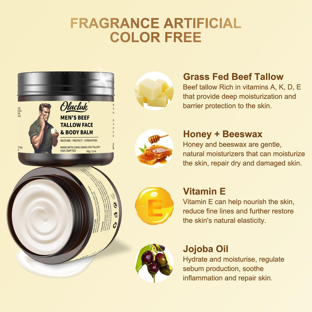 OLACLUK Grass-fed beef tallow and honey ingredients highlight nourishing complexity.