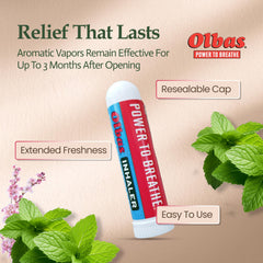 Olbas Inhaler natural oil blend featuring peppermint and eucalyptus for refreshing, non-drowsy breathing support.