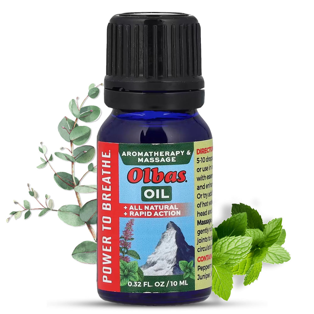 Olbas Massage and Aromatherapy Oil bottle with 0.32 fl oz label