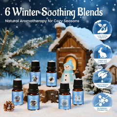 Six premium winter fragrance oil bottles arranged for the set