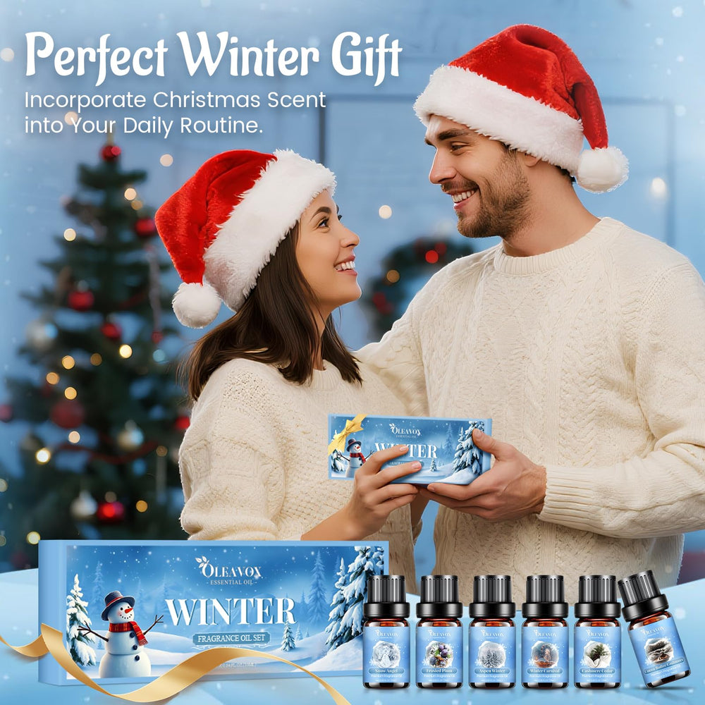 Snow Angel and Cashmere Cedar fragrance bottles in the Oleavox Winter Fragrance Oil Set