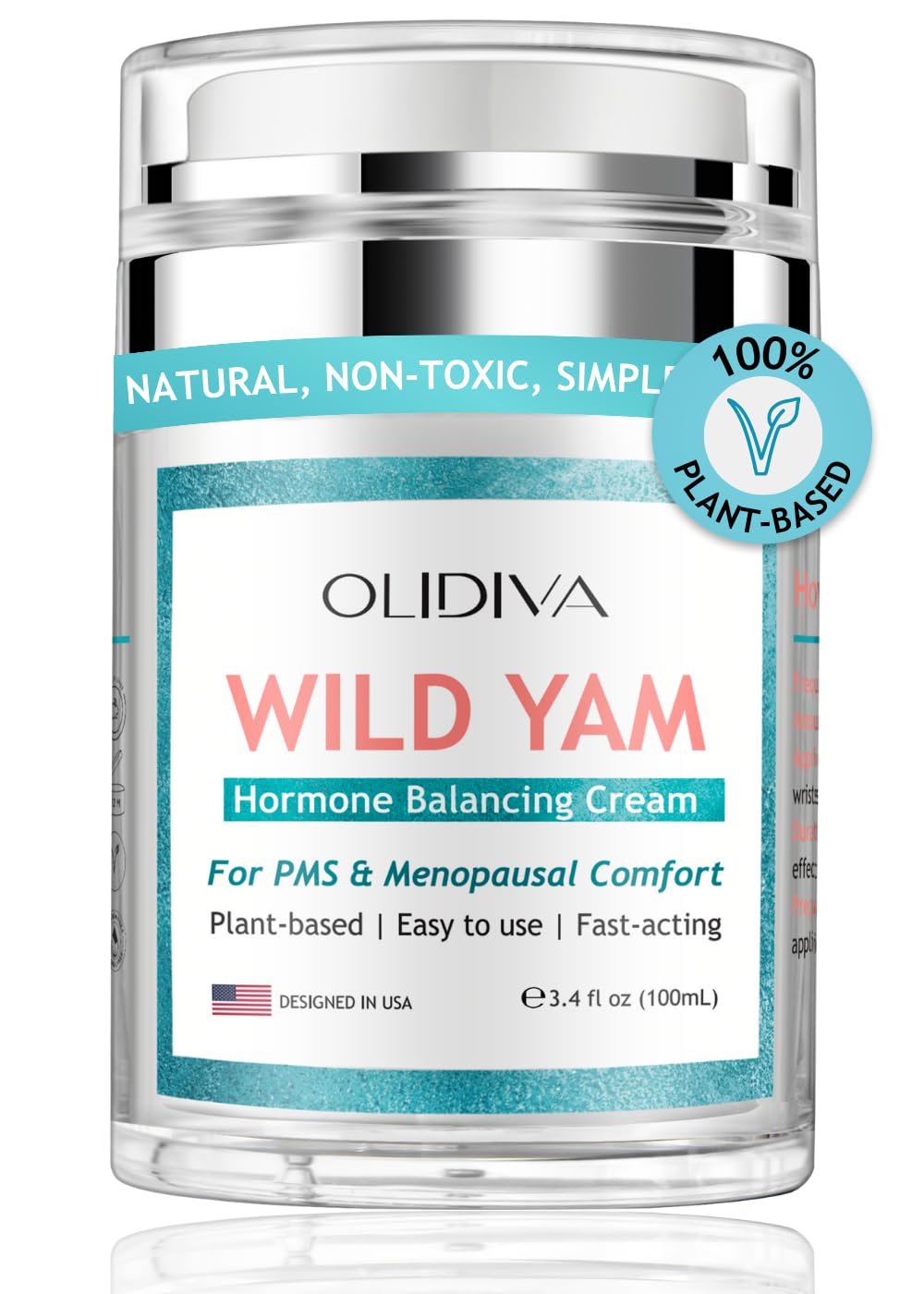Olidiva Wild Yam Cream bottle with airless pump for clean, mess-free daily application.