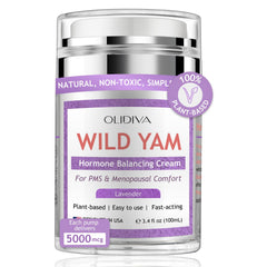 Olidiva Wild Yam Cream jar with lavender for calming menopausal comfort.