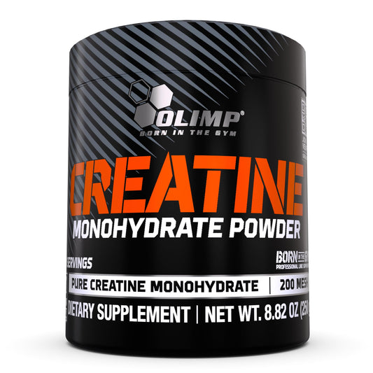 OLIMP Creatine Monohydrate Powder bottle with scoop on white background
