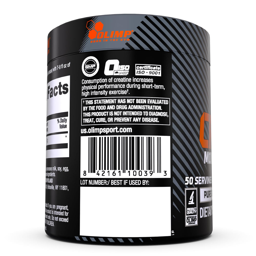 OLIMP Creatine Monohydrate Powder container label with 100% purity