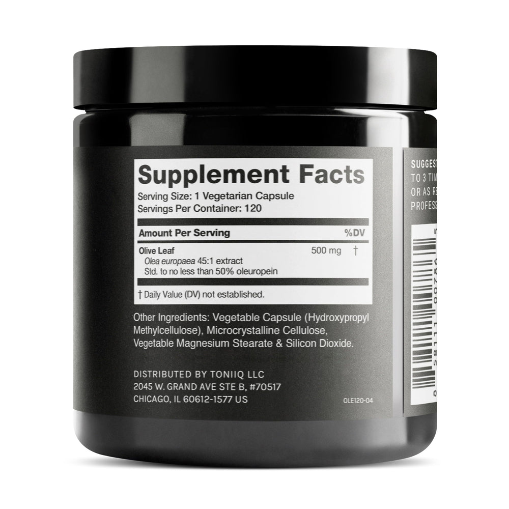 Back view of Olive Leaf Extract bottle showing supplement facts