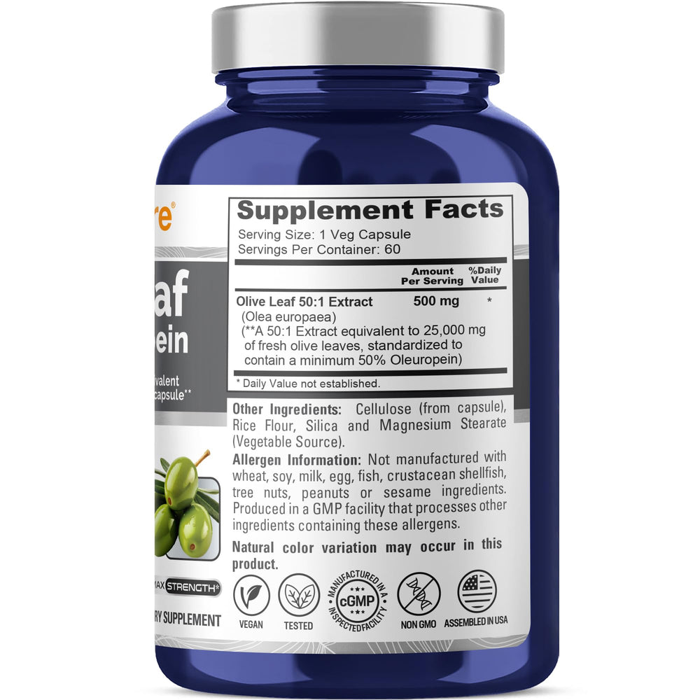 Label highlighting 50% Oleuropein content in olive leaf extract