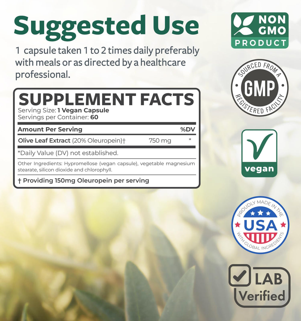 Close-up of olive leaf extract capsules labeled 750mg with 20% Oleuropein (vegan, non-GMO).
