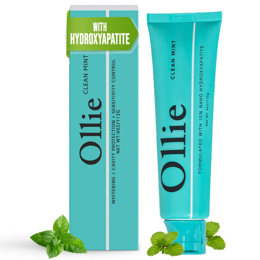 Product shot: Ollie Clean Mint Nano Hydroxyapatite Toothpaste tube and packaging