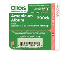 Close-up of product packaging label for Arsenicum Album 200ck