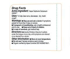 Close-up of label on OLLOIS Hepar Sulphuris Calcareum 200ck bottle