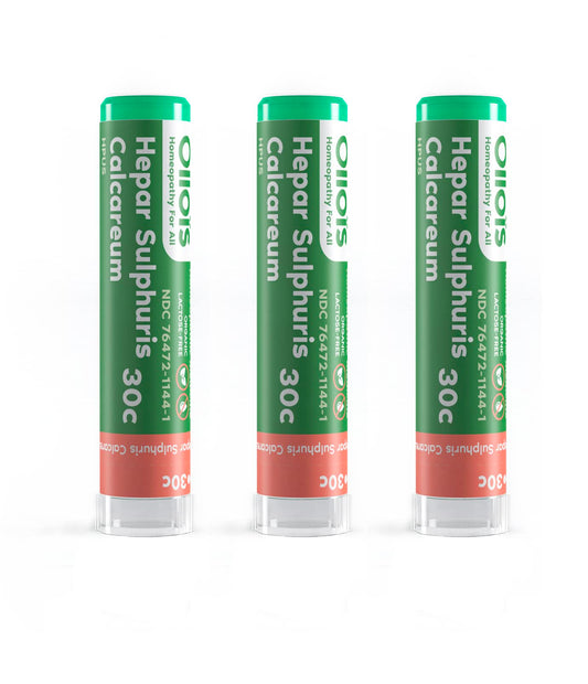 OLLOIS Hepar Sulphuris Calcareum 30c organic homeopathic medicine bottle and pellets