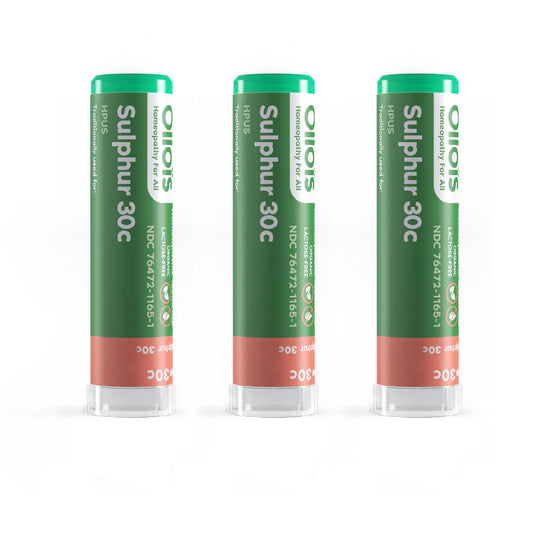 OLLOIS Sulphur 30c Organic Homeopathic Medicine – 80 Pellets Pack of 3 (front label)