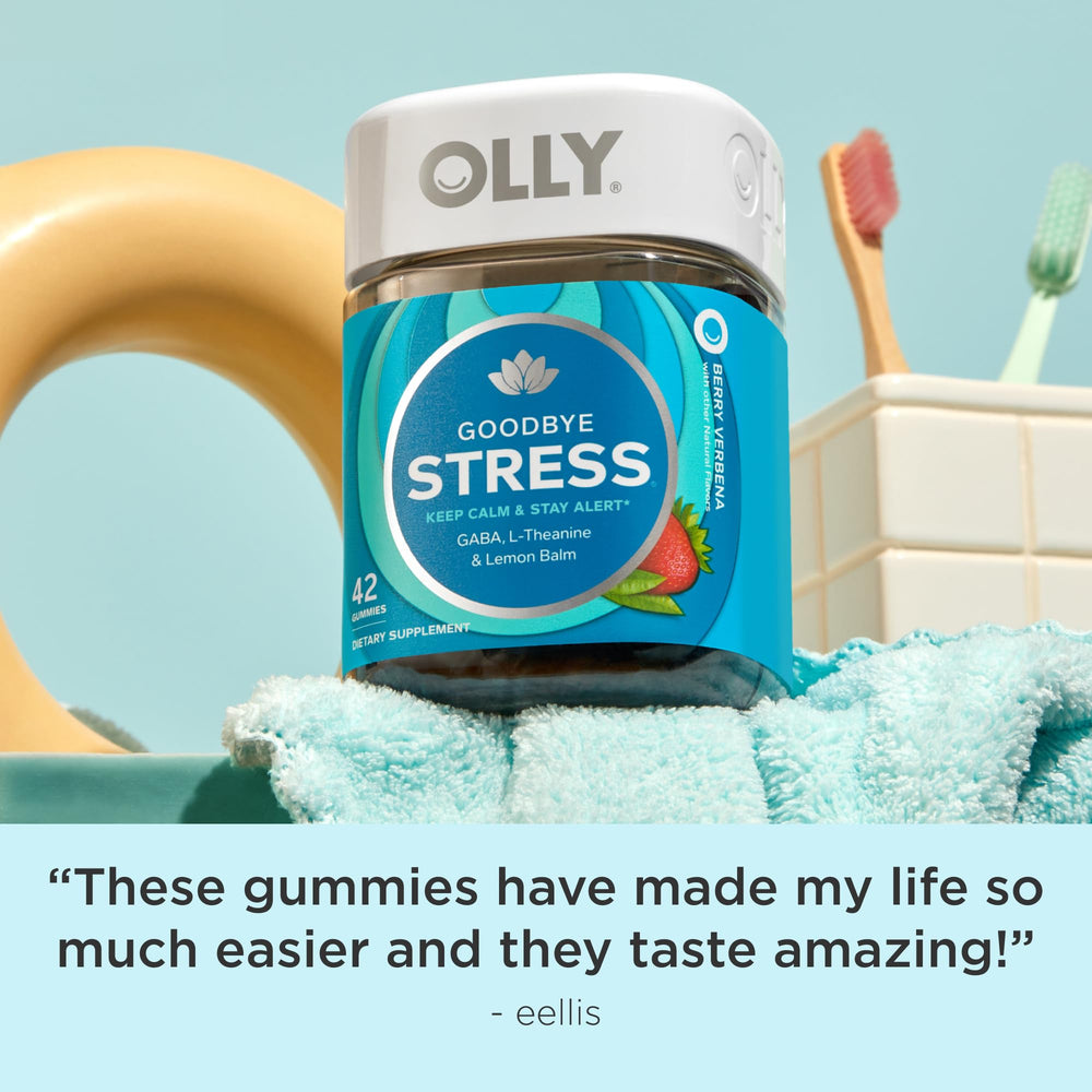 Individual trial-size pouch of OLLY Goodbye Stress Gummy