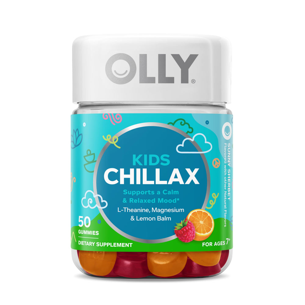 OLLY Kids Chillax Gummies bottle front label with Sunny Sherbet flavor