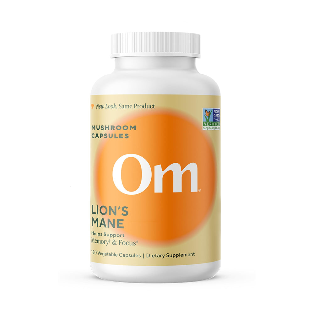 Om Lion's Mane Mushroom Capsules bottle and label on a white background
