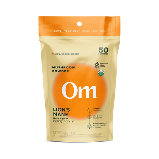 Front packaging of Om Lion's Mane Mushroom Powder 3.5 oz (50 servings)