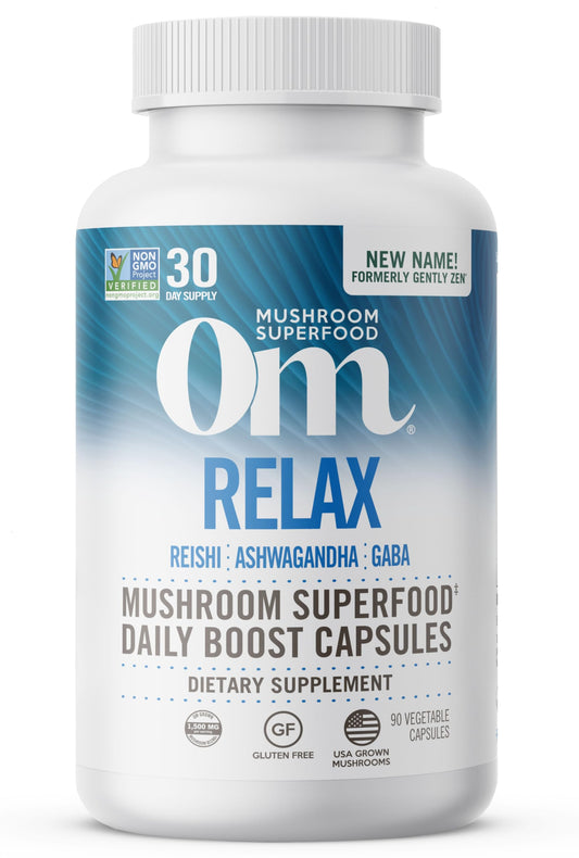 Front view of OM MUSHROOM RELAX capsules bottle, 90-count.
