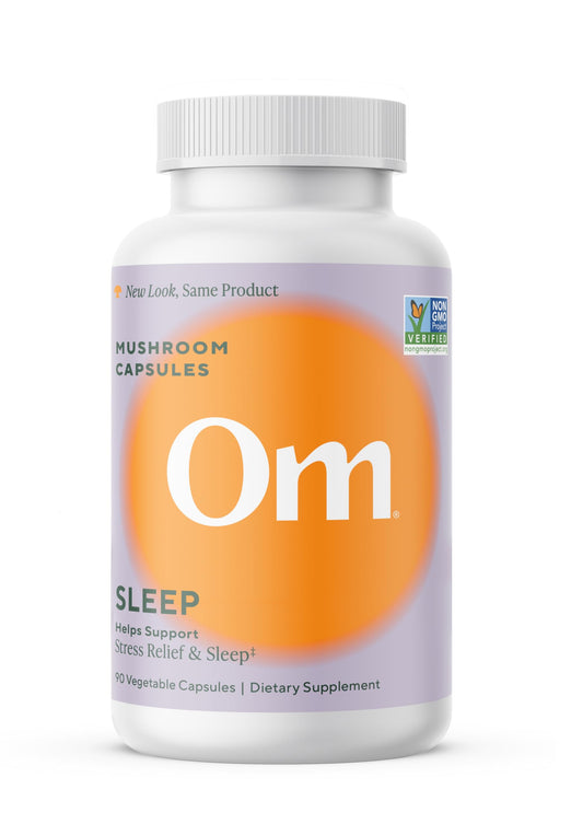 Bottle front view of OM Mushroom Sleep Capsules