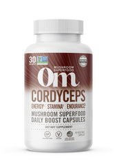 Front view of OM Mushroom Superfood Cordyceps Capsules bottle