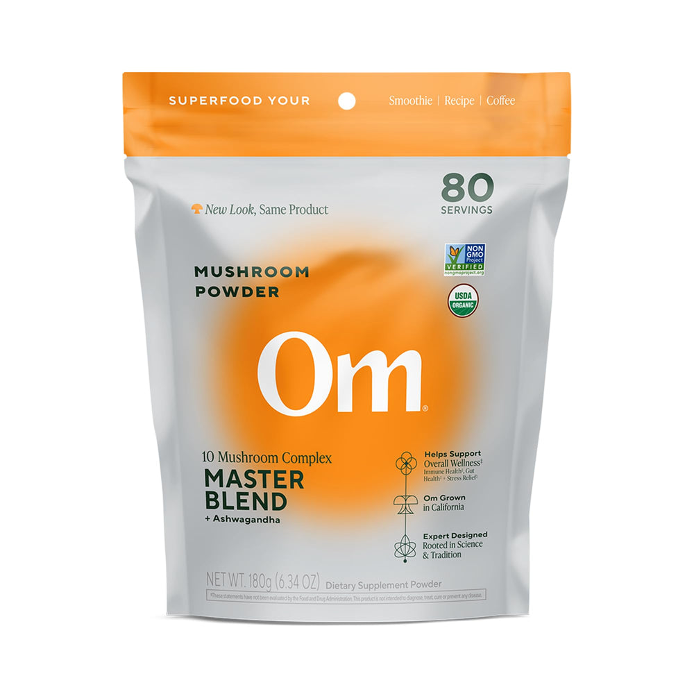 Hero image of OM Mushrooms Master Blend Mushroom Powder in a 6.34 oz pouch (80 servings)