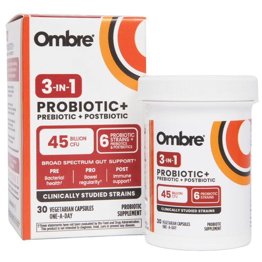 Ombre 3-in-1 Probiotic bottle with 30-day supply on white background