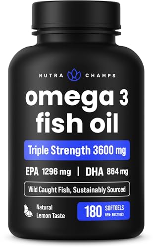 Bottle of Triple Strength Omega-3 3600 mg with lemon-flavored softgels