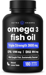 Bottle of Triple Strength Omega-3 3600 mg with lemon-flavored softgels