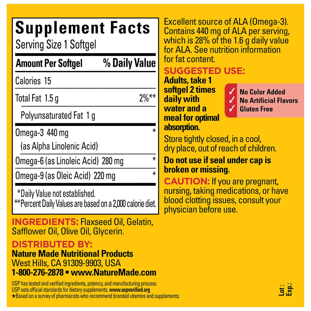 Softgels containing omega-3-6-9 from flaxseed, safflower and olive oil