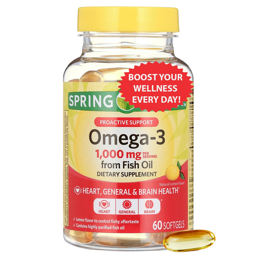 Bottle of Omega-3 Fish Oil 1000mg softgels with lemon flavor