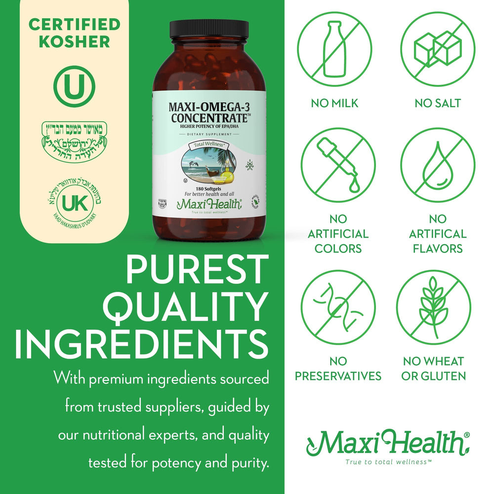 Side view of Maxi Health Omega 3 bottle with 90 softgels