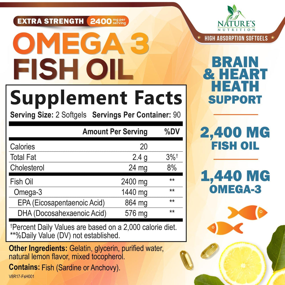 Back label with supplement facts for Omega 3 Fish Oil 2400 mg