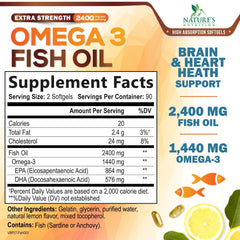 Back label with supplement facts for Omega 3 Fish Oil 2400 mg