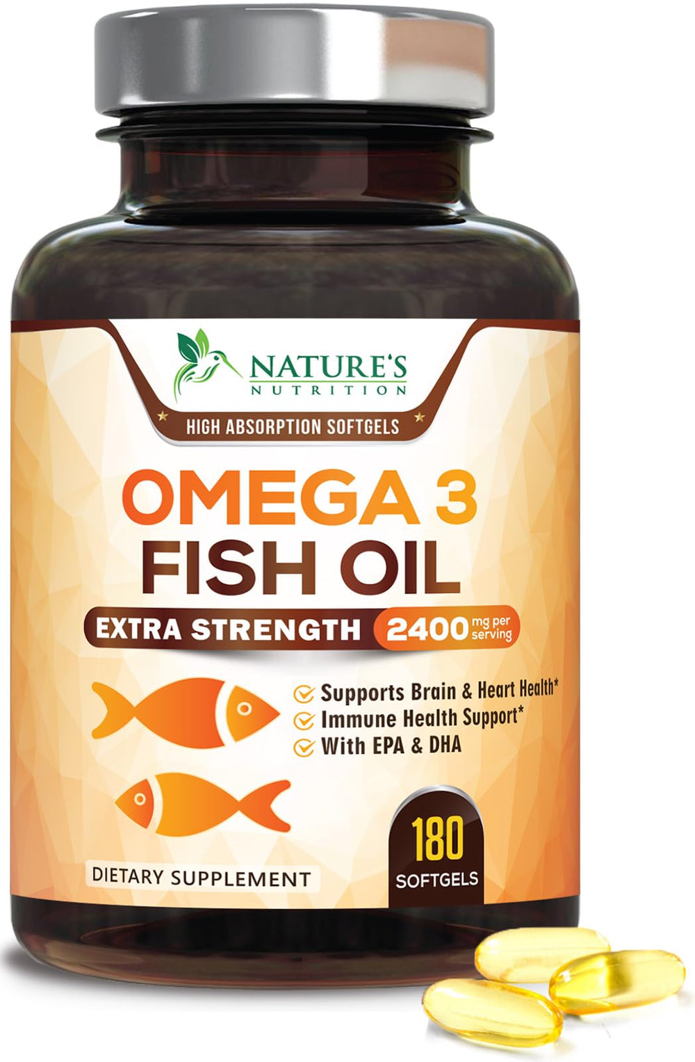 Front view of Omega 3 Fish Oil 2400 mg bottle