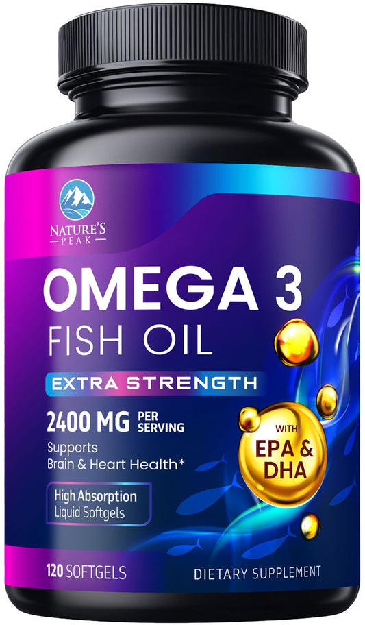 Front view of Omega 3 Fish Oil 2400 mg softgels bottle