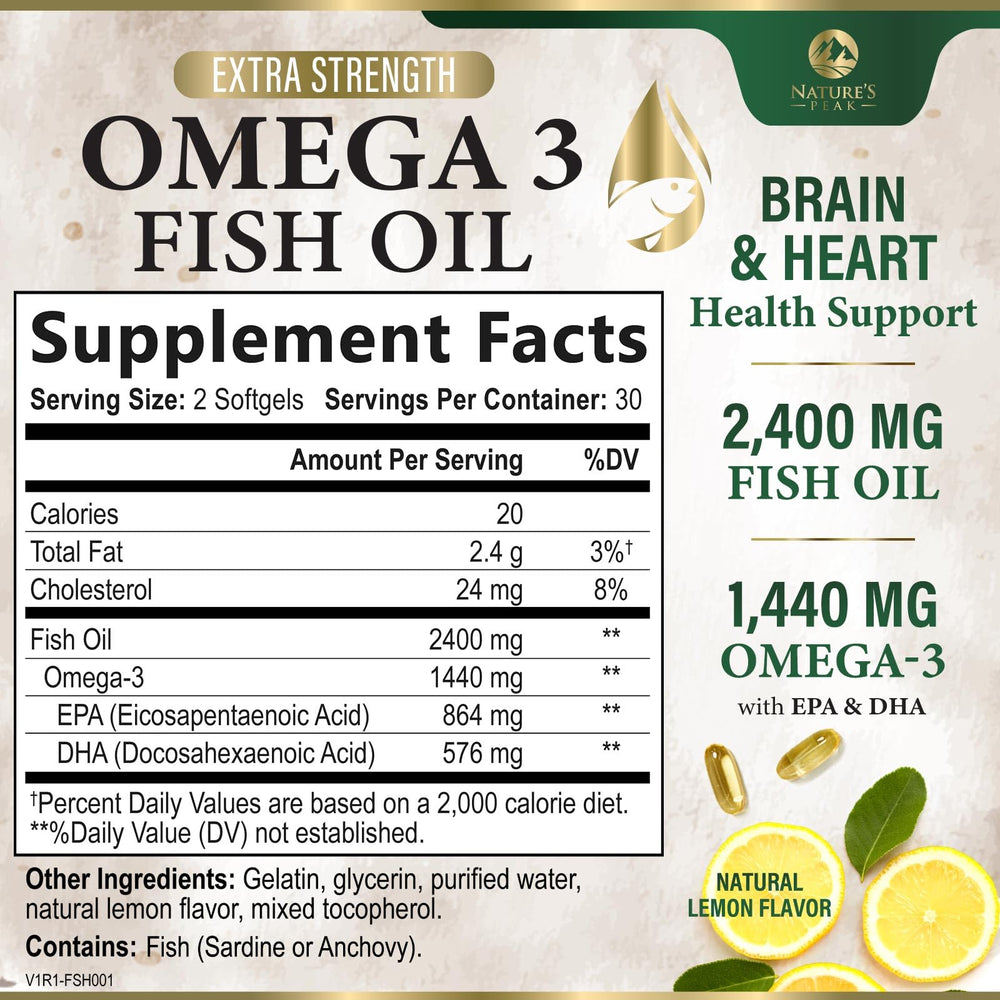 Omega 3 fish oil bottle back label displaying supplement facts